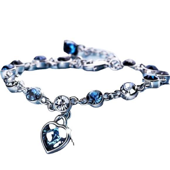 Silver with shades of blue rhinestone bracelet dangling heart NWT Darling Gift - Picture 3 of 5